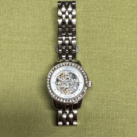 Anne Klein Skeletons Automatic Silver Watch with Crystal Detailing - Picture 1 of 8